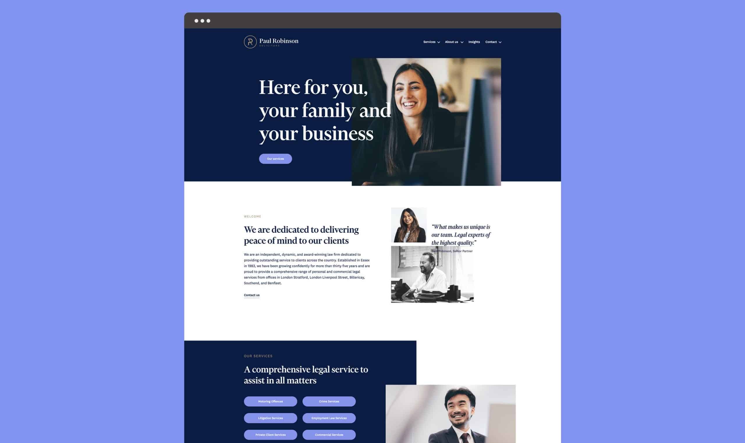 Professional legal services website homepage for family and business law in the UK.
