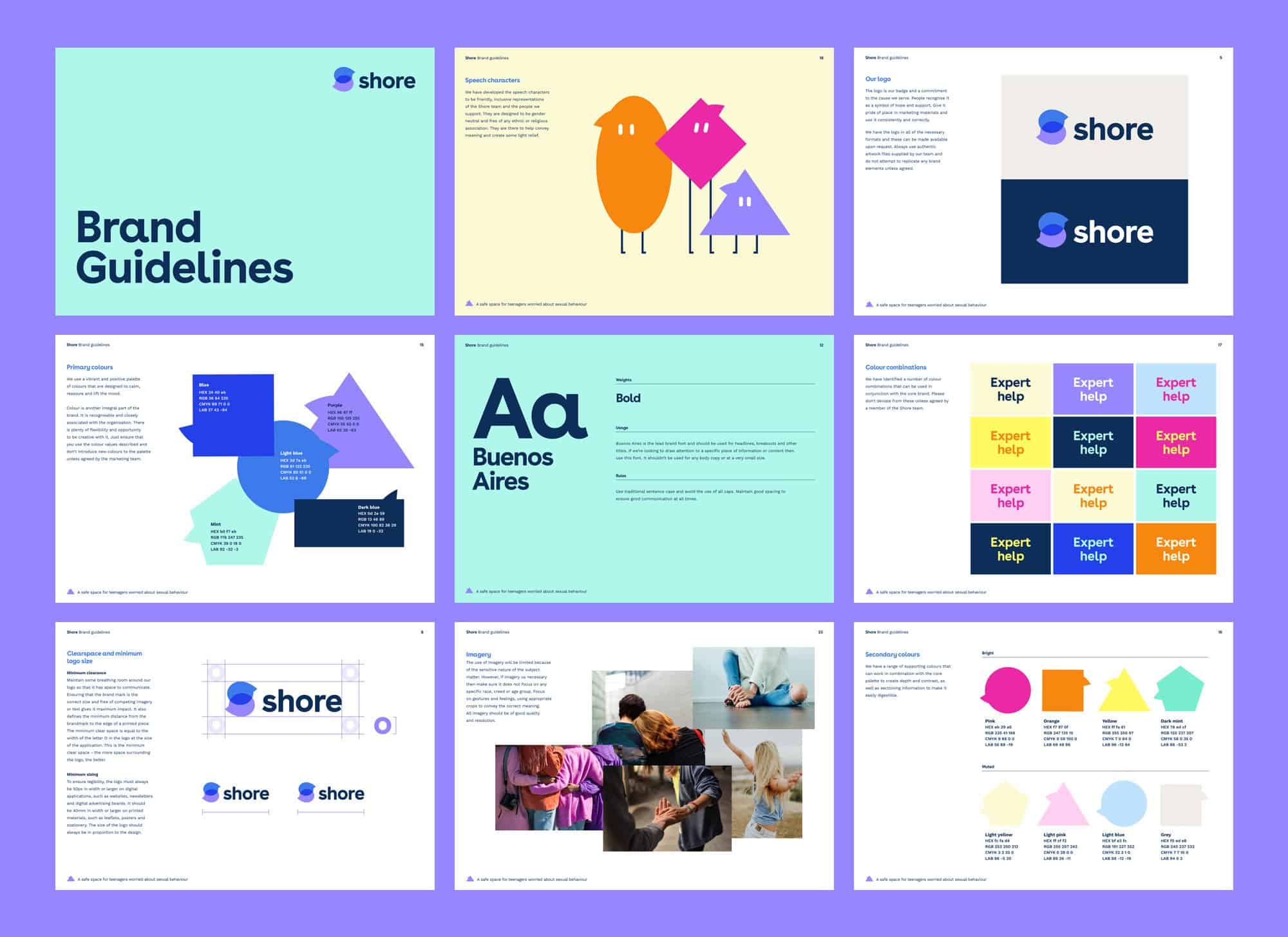 Brand guidelines and visual identity for Shore company, including logos and typography.