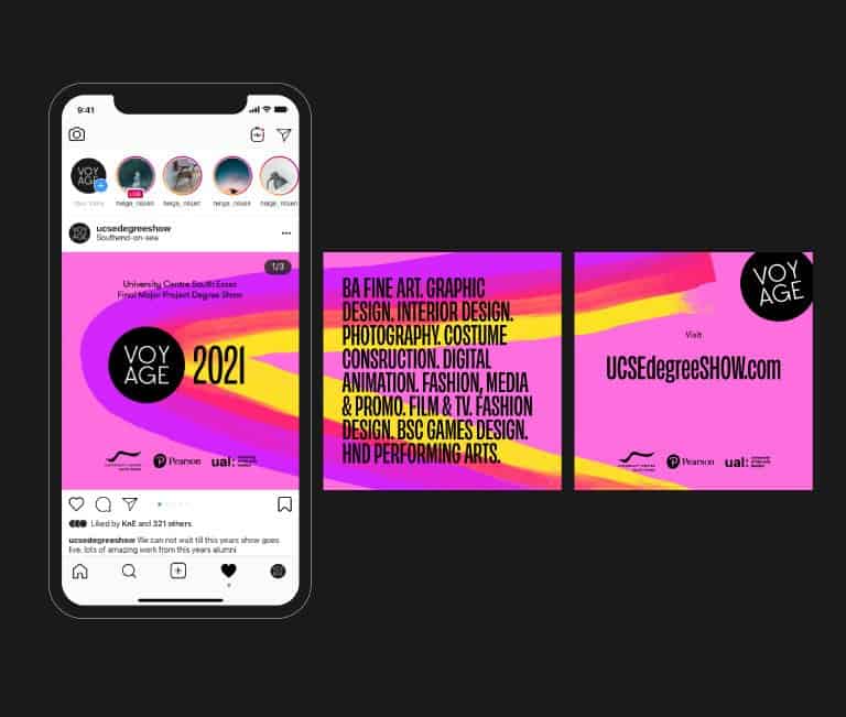 Unisex graphic design poster with vibrant pink, yellow, and black colours for VOYAGE 2021 event.