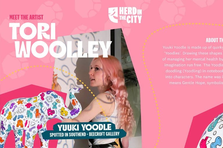 A colourful artwork of Yuuki Yoodle, a young girl with pink hair, interacting with a vibrant, patter.