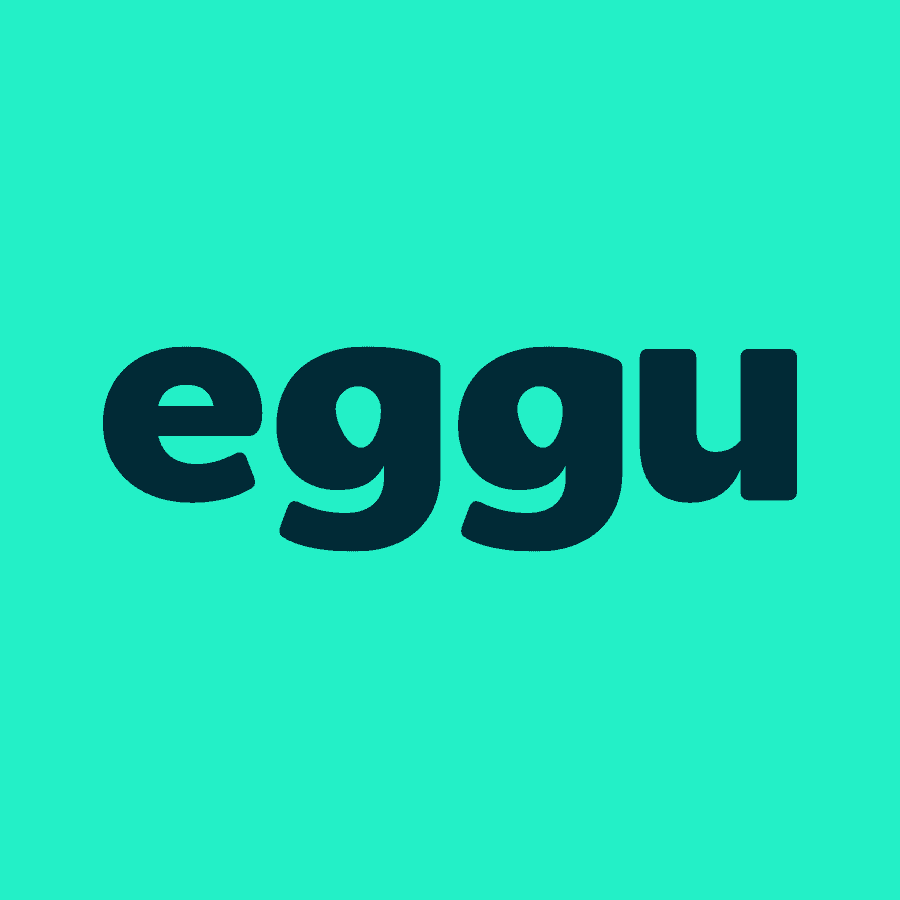 Eggu logo with bold black text on a turquoise background, modern and minimalistic design.