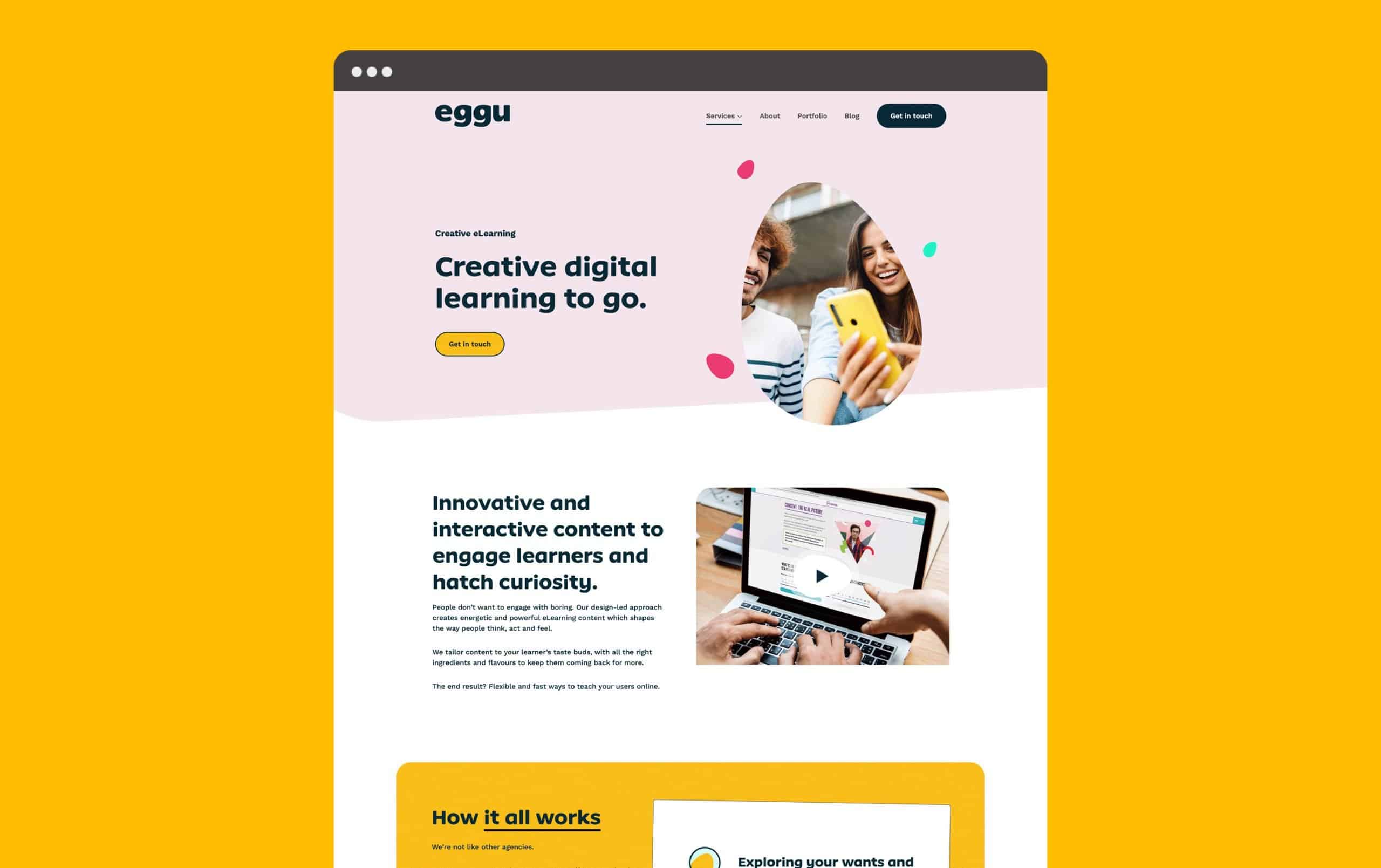 Creative digital learning platform website homepage with students using tablets and laptops.