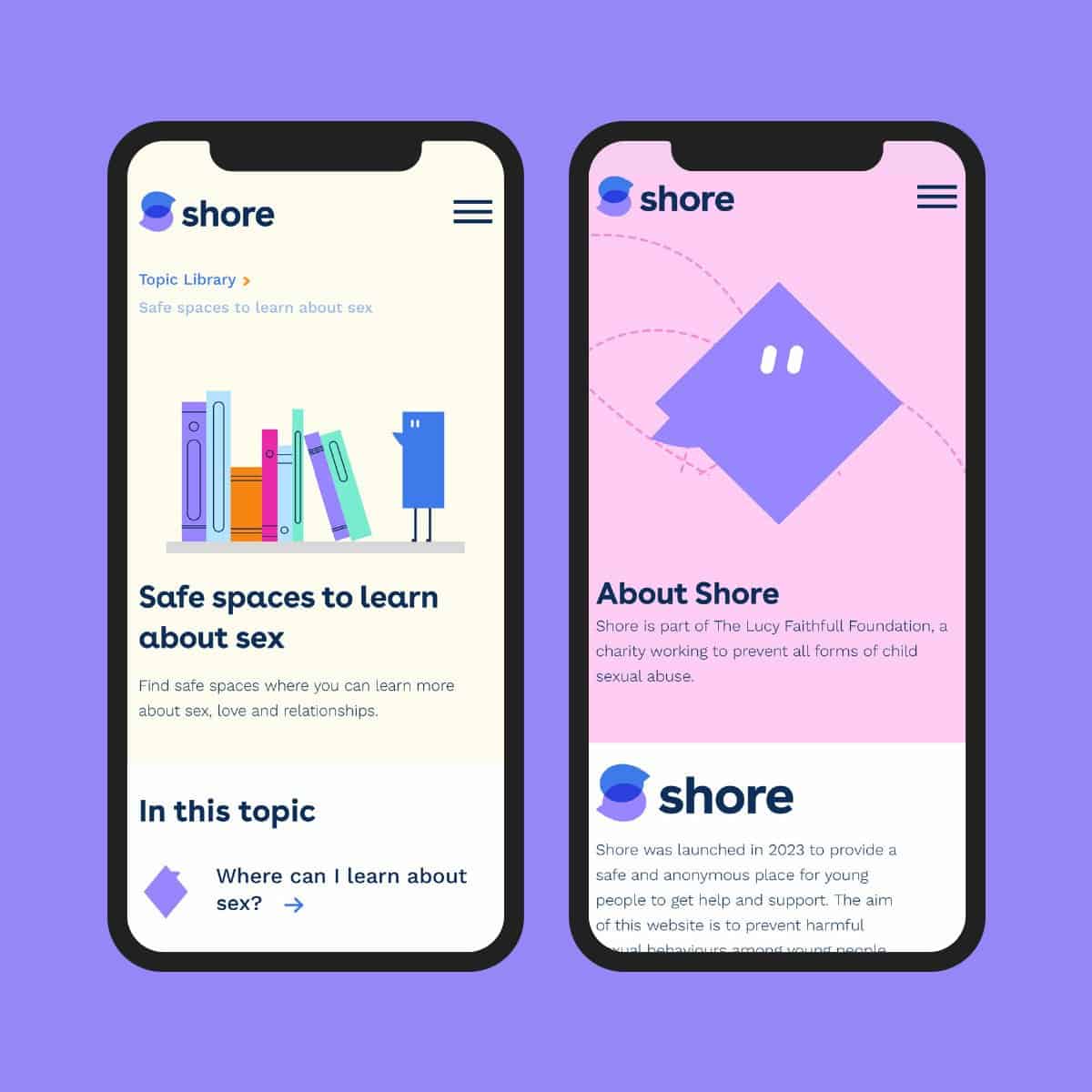 Safe spaces to learn about sex and support for young people - Shore app interface.