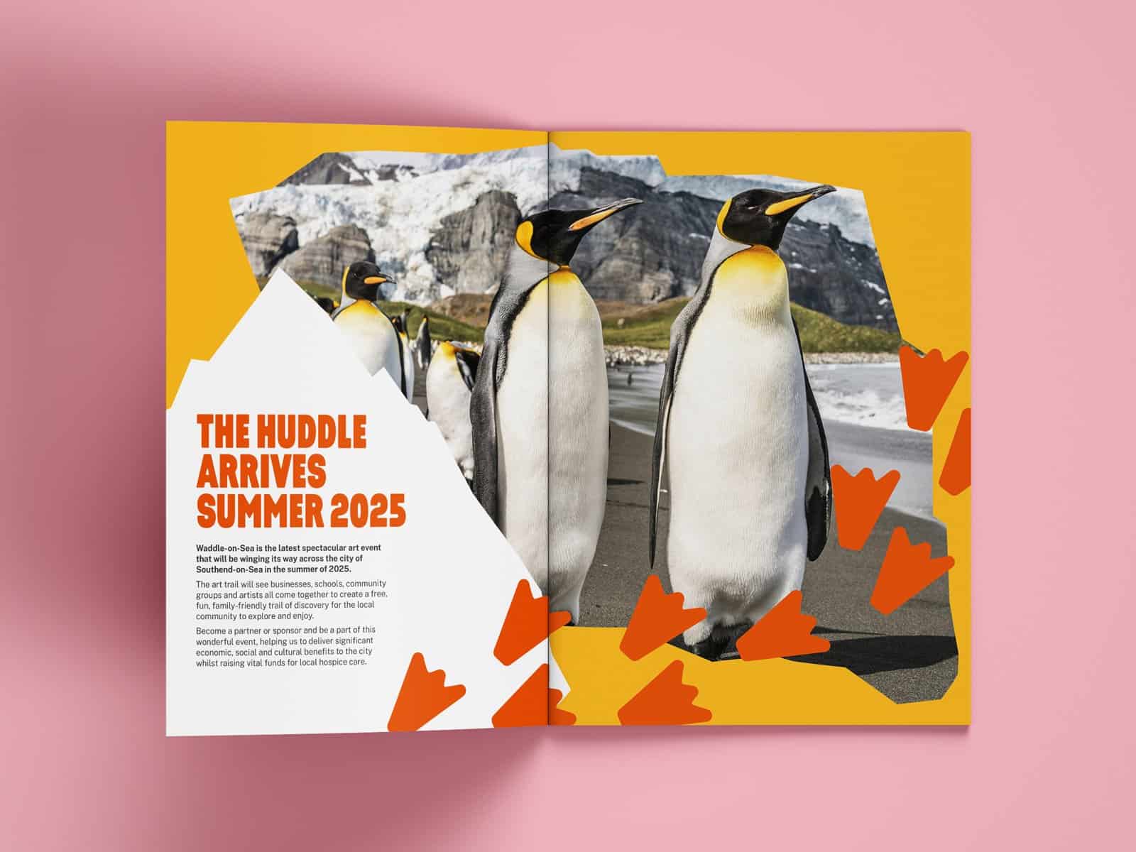 A group of penguins walking on ice with mountains in the background, summer 2025.