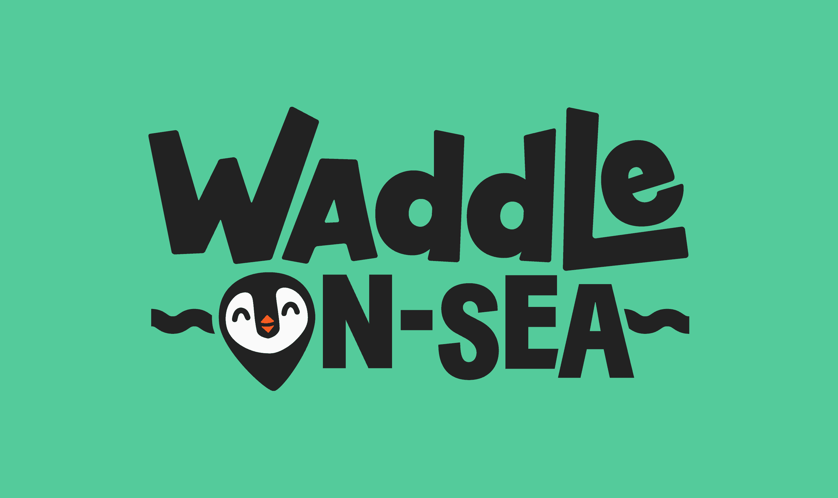 Waddle On-Sea logo with playful penguin mascot and bold text on teal background.