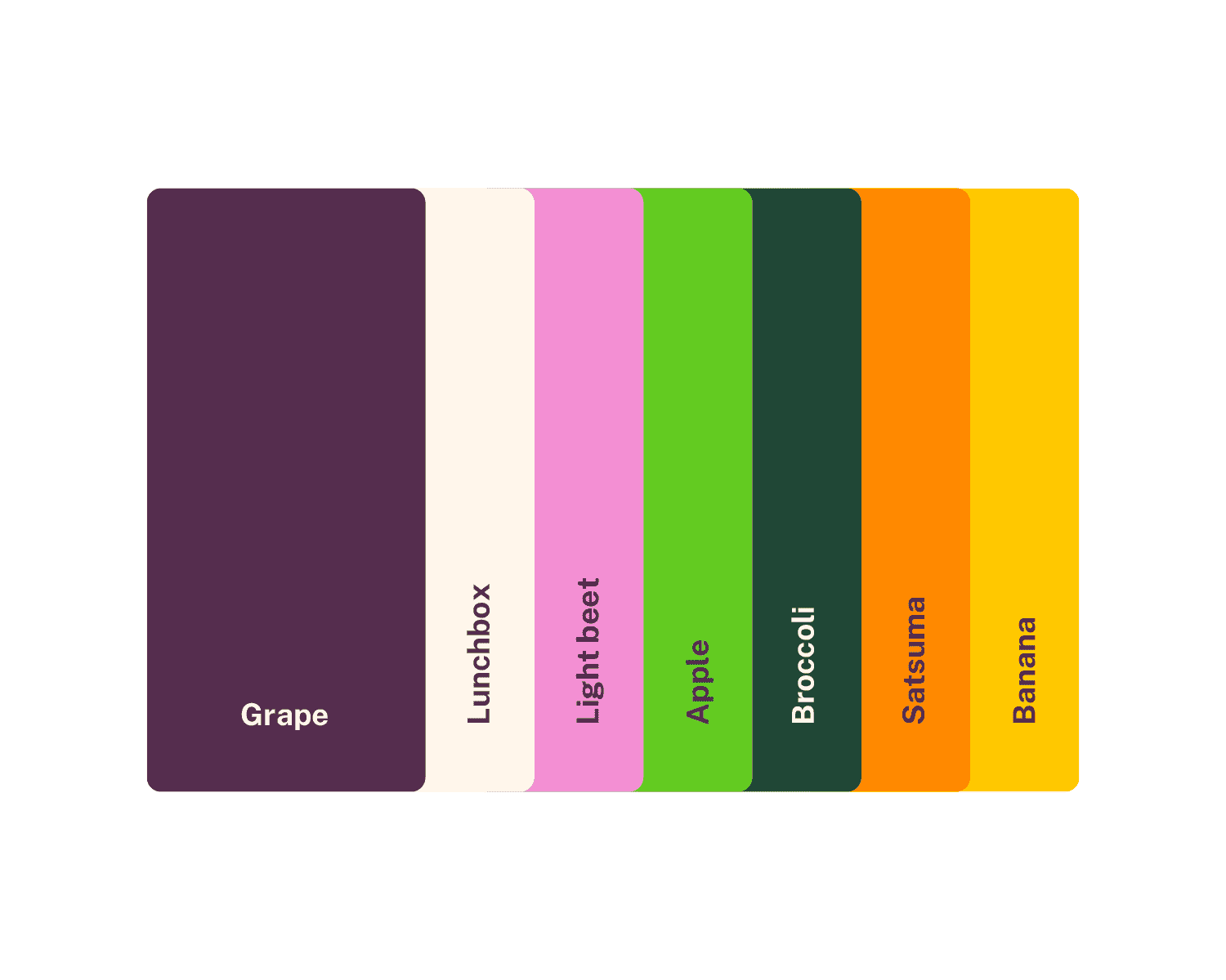 Grocery items arranged in six coloured squares, including grapes, apple, banana, and broccoli.