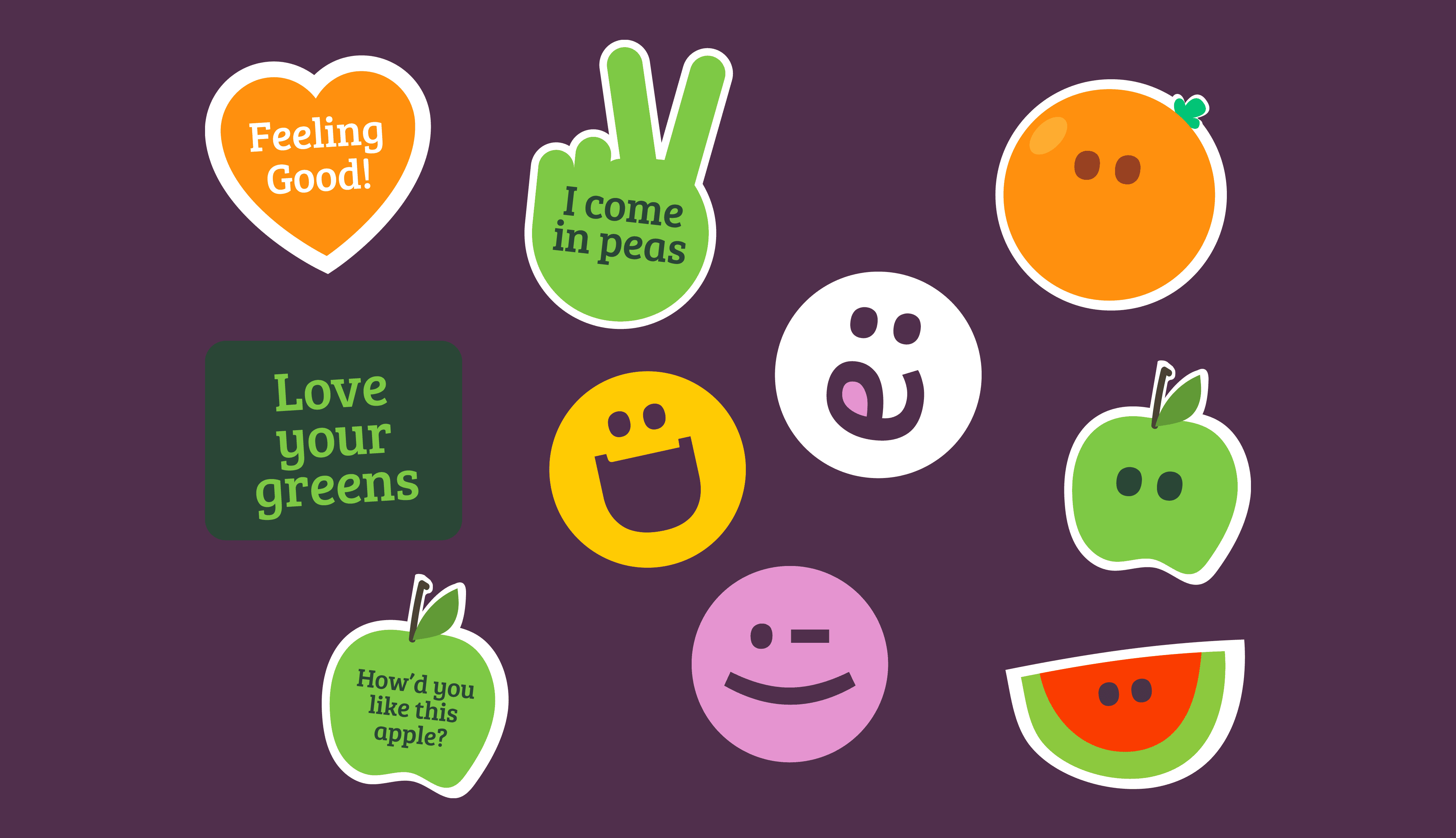 Feeling Good! Colourful vegetable and fruit emojis promoting healthy eating and greens.