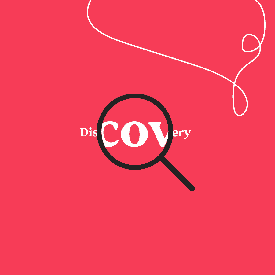 COVID-19 discovery magnifying glass illustration on red background for health awareness.