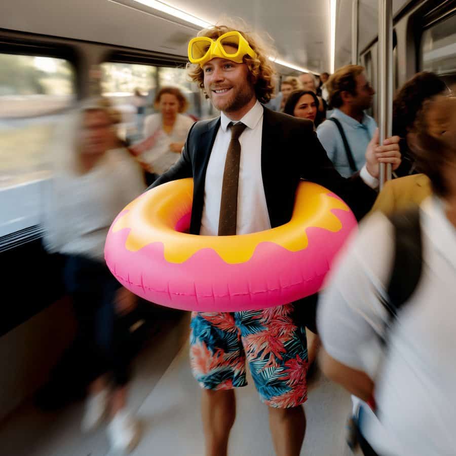 Relaxed man in a suit with a yellow swimming ring on a busy bus, summer vibe, casual style, travel,.