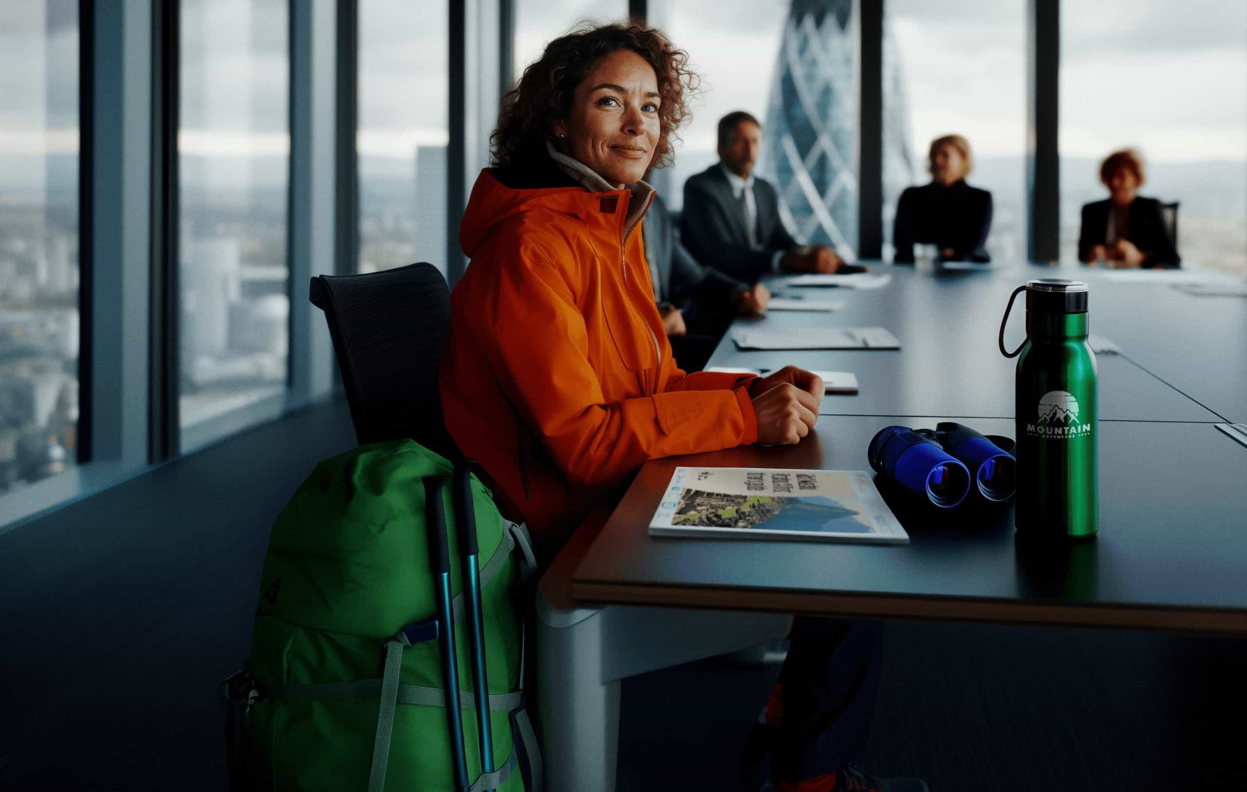 A woman with a green backpack sitting at a conference table in a modern office.