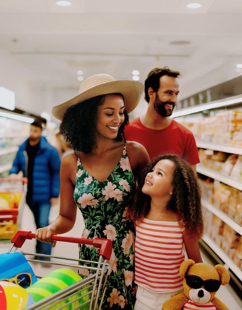 Bright family shopping at supermarket with children and parents, smiling and enjoying time together.