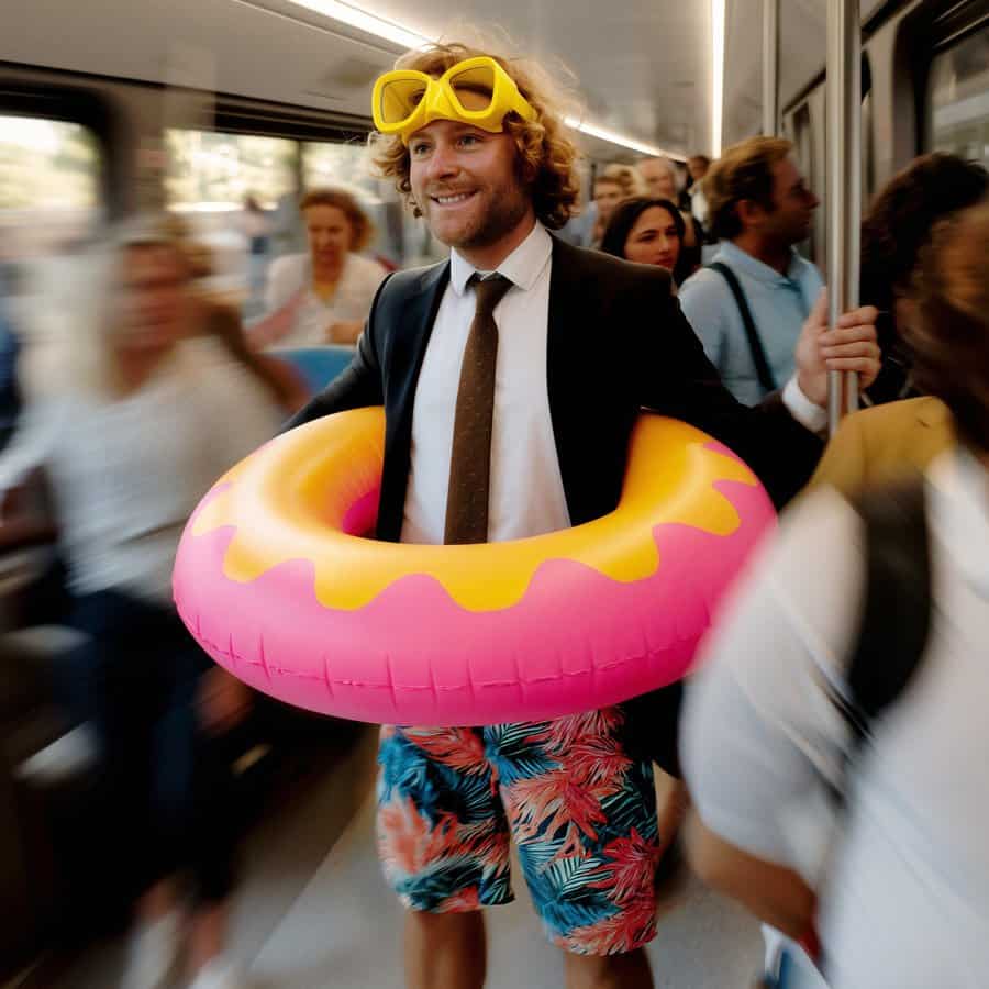 Relaxed man with yellow goggles and inflatable ring on a busy bus, summer vibe.