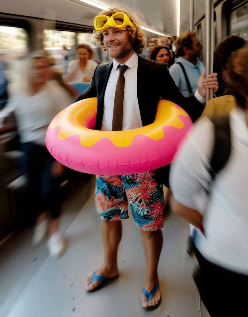 A lively man with yellow goggles and a pink inflatable pool ring on a busy train.