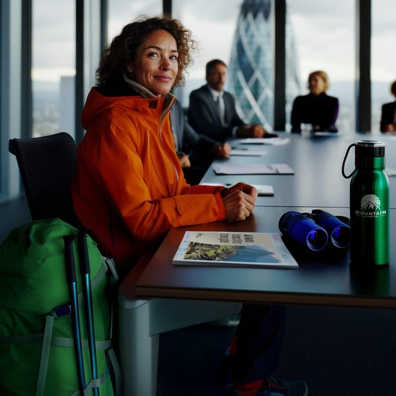 A woman in outdoor gear attending a business meeting in a modern office with city views.