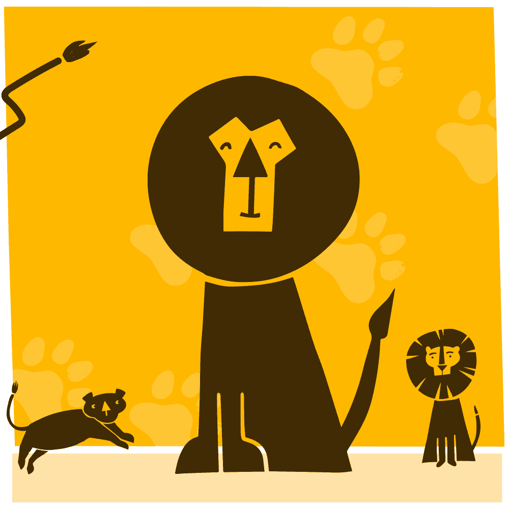Cute cartoon lion, dog, and cat on yellow background with paw prints, playful animal illustration.