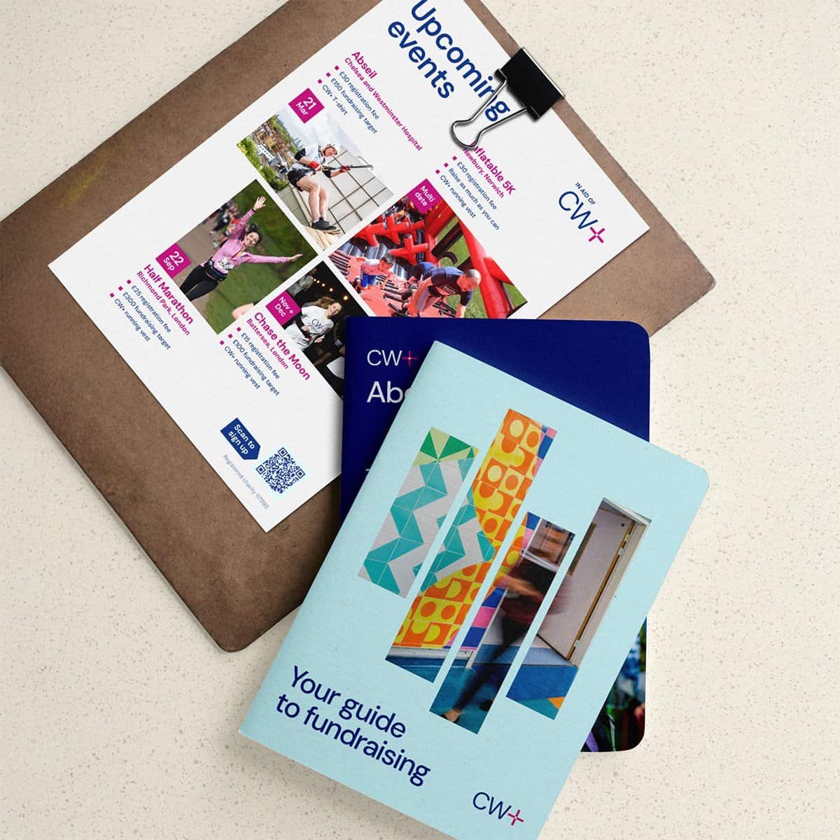Upcycling event flyers and fundraising guide brochures for community engagement.