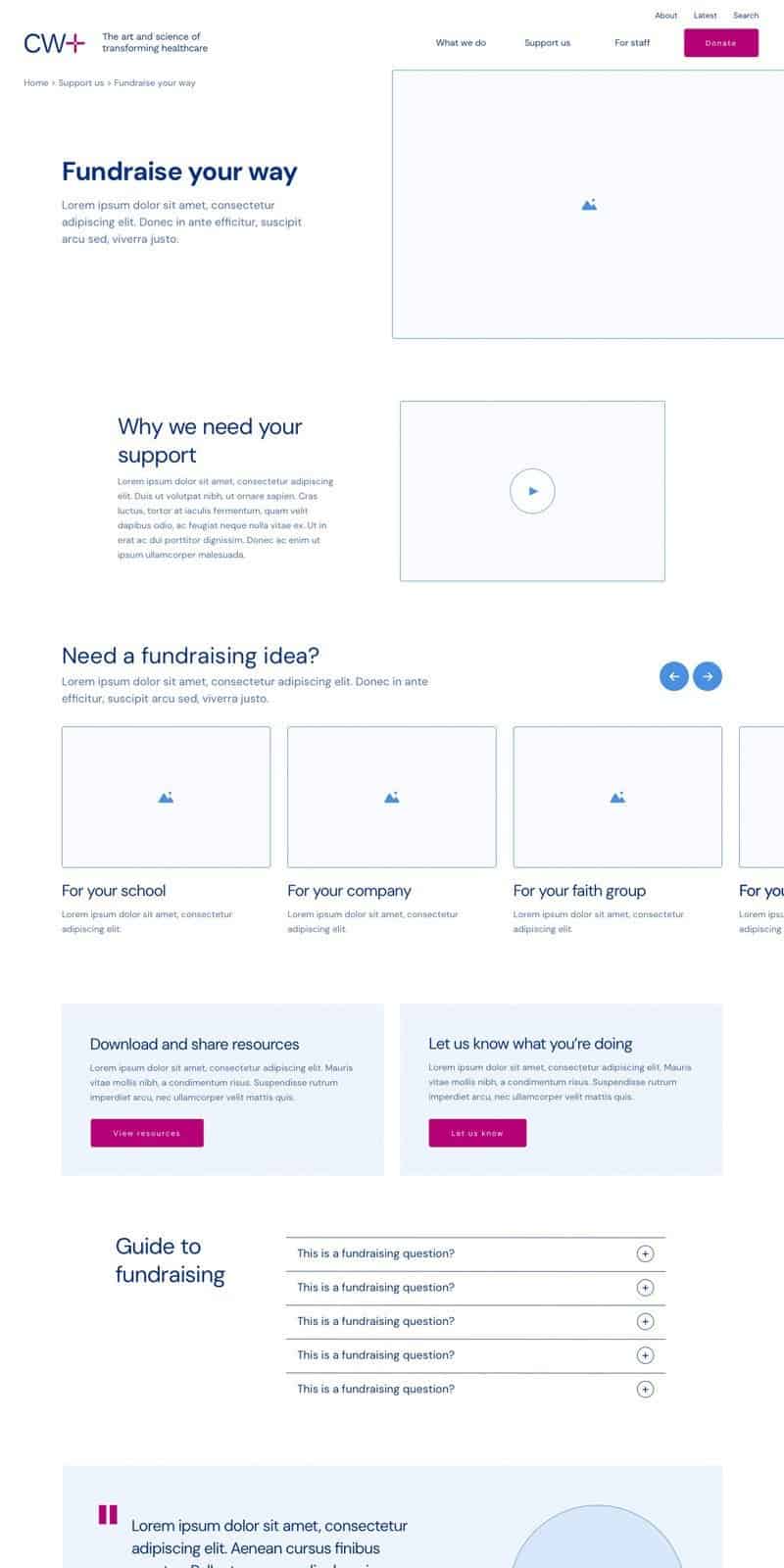 Fundraising website homepage with donation options and support information.