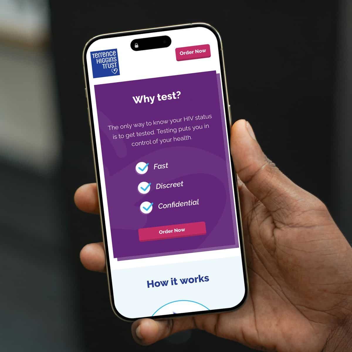 Fast, discreet HIV testing app on smartphone screen with purple and pink interface.