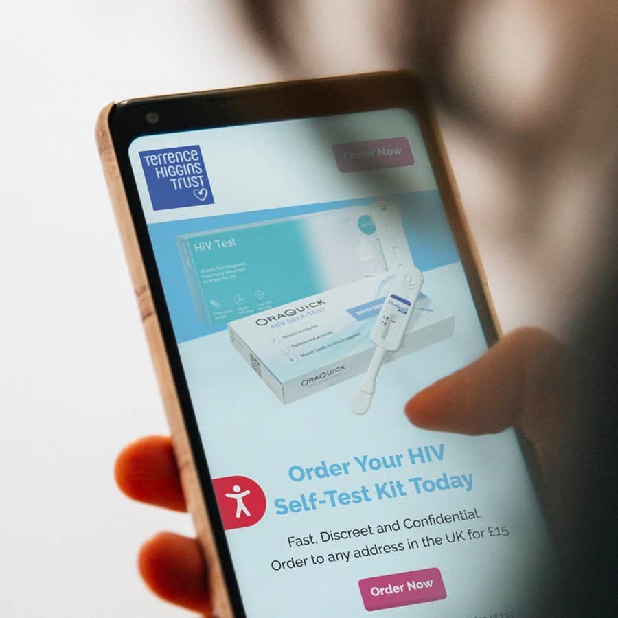 HIV self-test kit displayed on smartphone screen for discreet health testing.