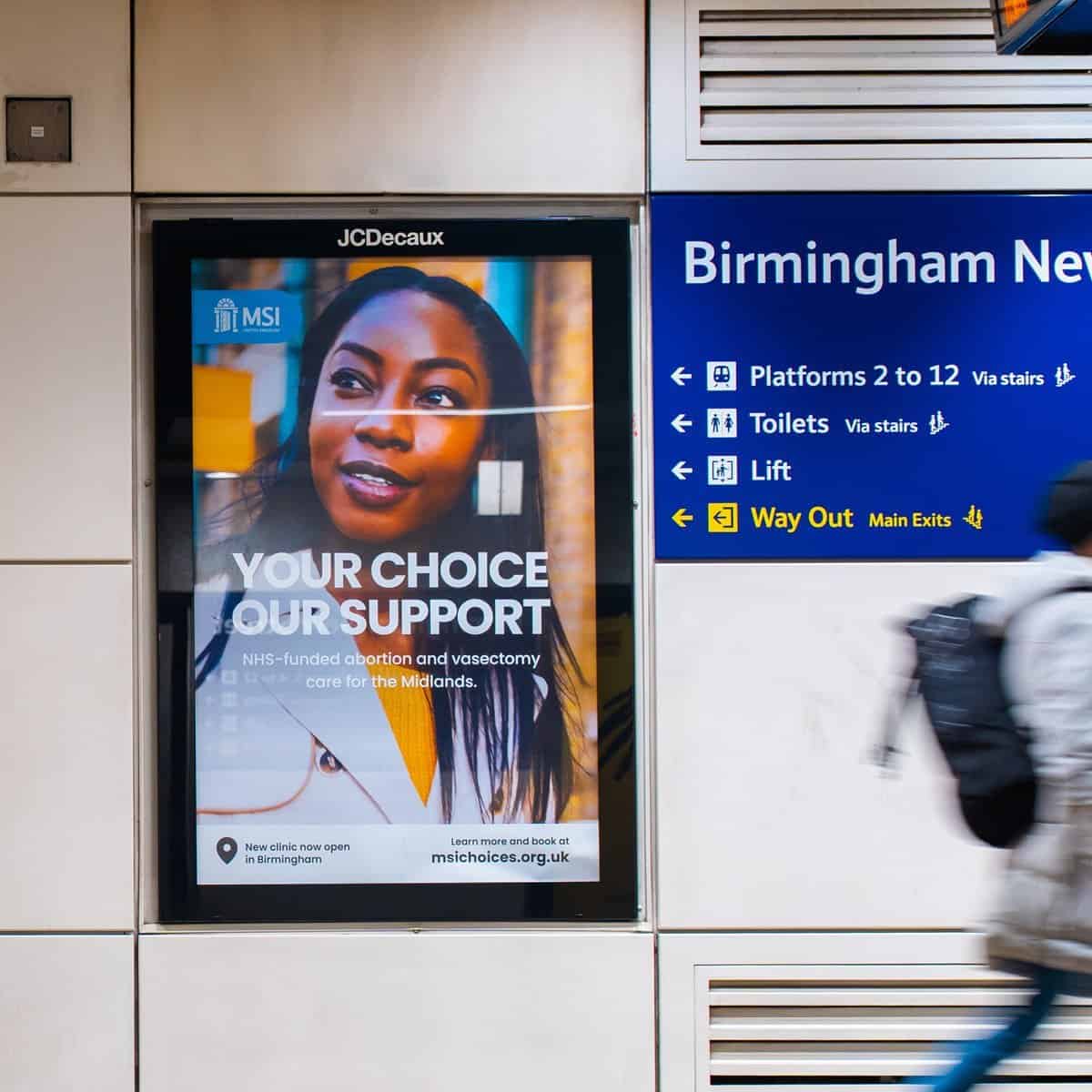 NHS-funded abortion and vasectomy support at Birmingham New Street station.